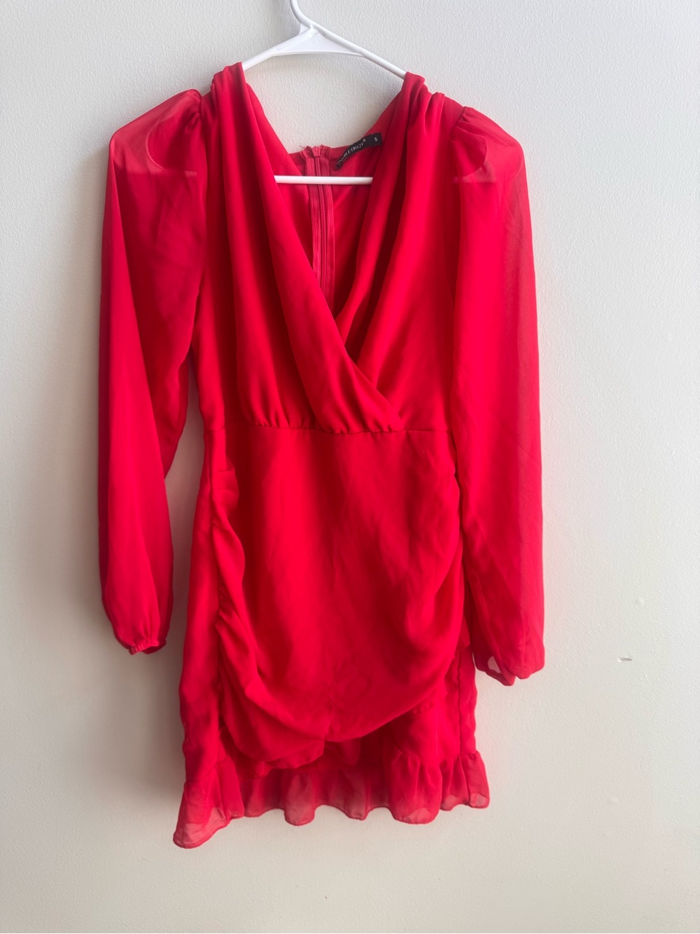 Red V-Neck Long-Sleeve Ruffle-Hem Tunic